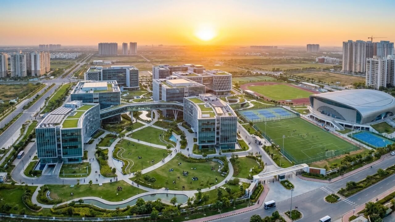 Aerial view of a sprawling modern university campus in Noida with contemporary buildings, lush green lawns, and students actively engaged in various campus areas.