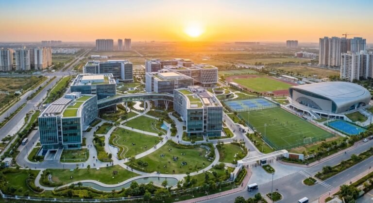 Aerial view of a sprawling modern university campus in Noida with contemporary buildings, lush green lawns, and students actively engaged in various campus areas.