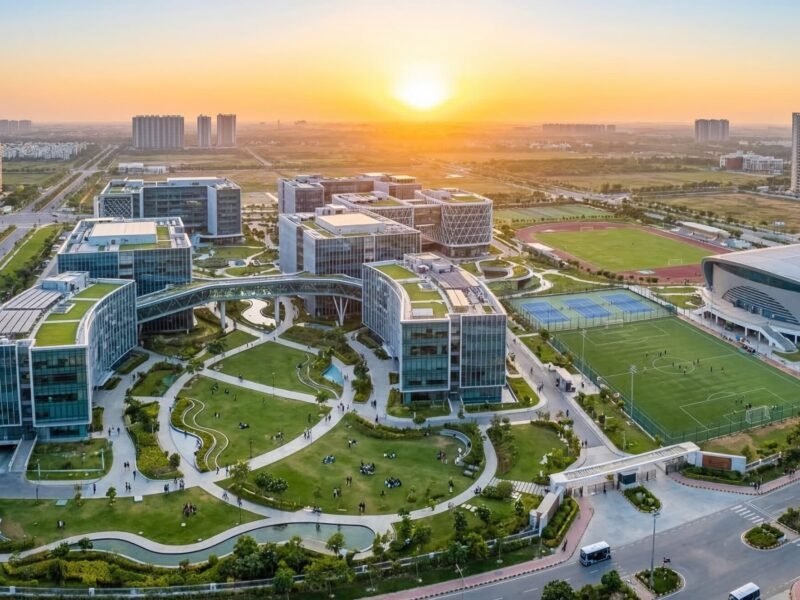 Aerial view of a sprawling modern university campus in Noida with contemporary buildings, lush green lawns, and students actively engaged in various campus areas.
