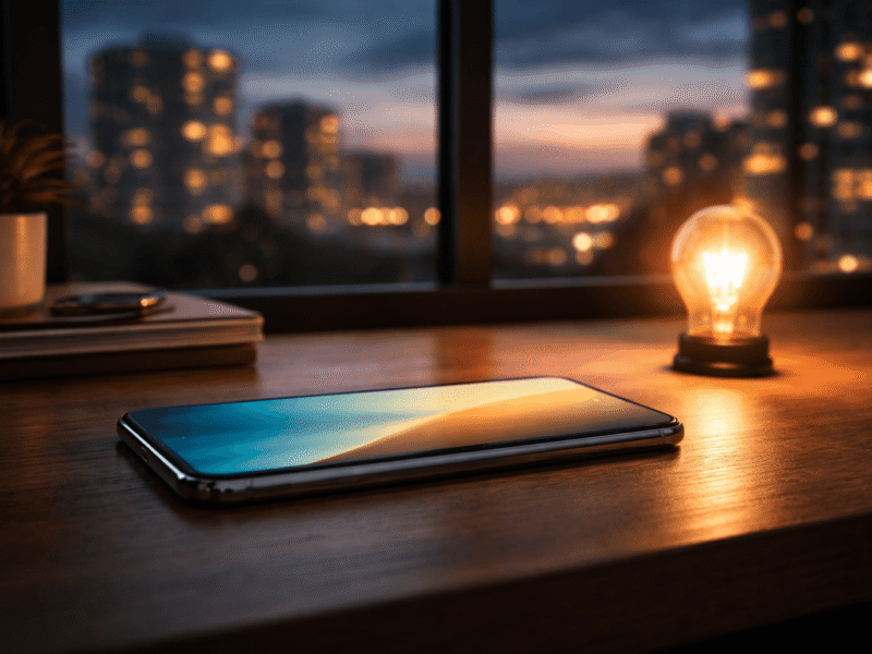 Smartphone and glowing light bulb on a desk representing online NPCL electricity bill payment in Greater Noida before the March 31 deadline.