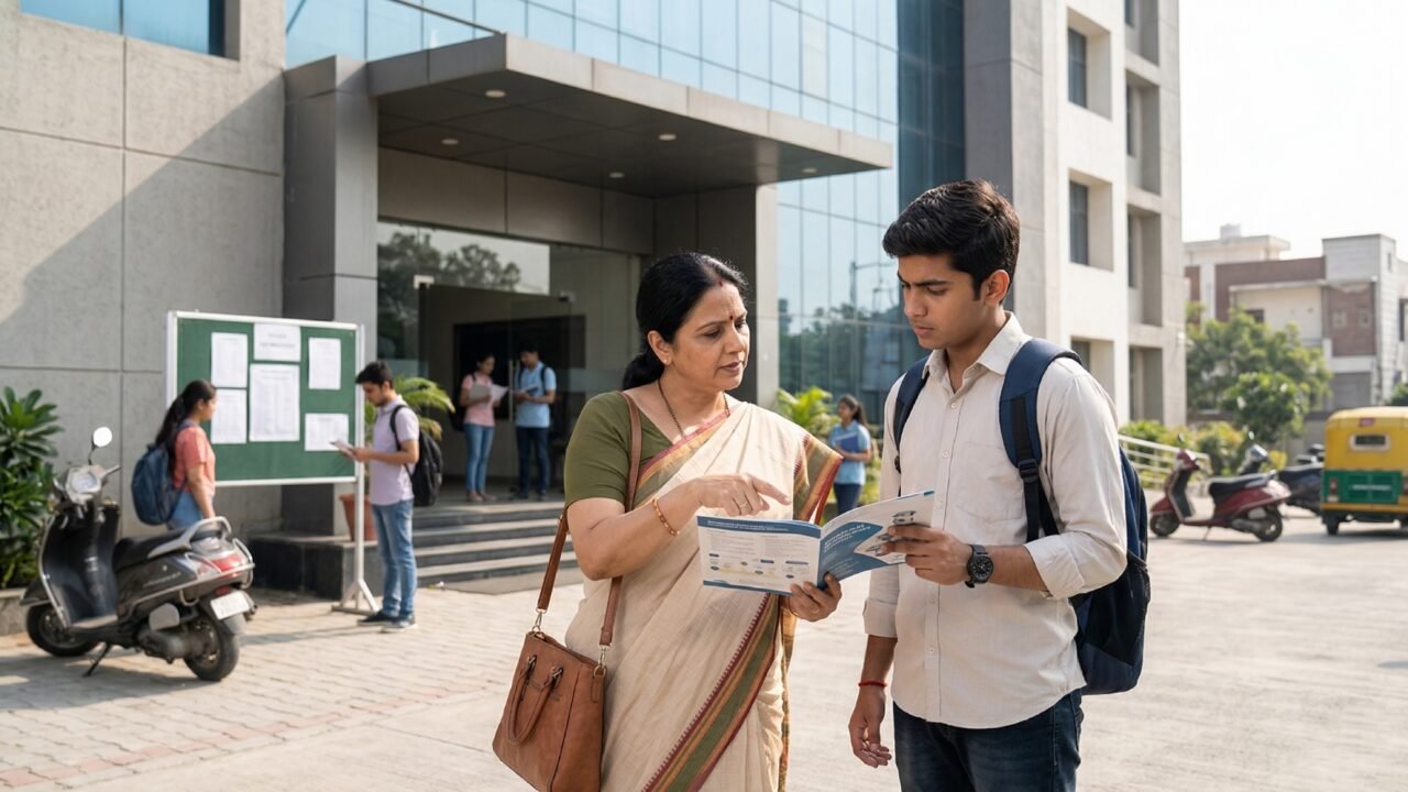 A parent and student outside a modern coaching-centre building in Noida, discussing admission and study options.