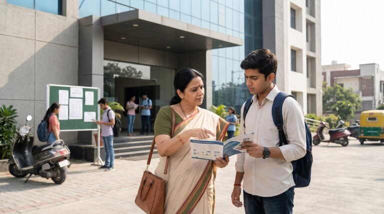 A parent and student outside a modern coaching-centre building in Noida, discussing admission and study options.
