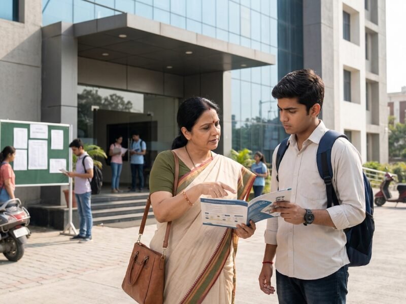 A parent and student outside a modern coaching-centre building in Noida, discussing admission and study options.