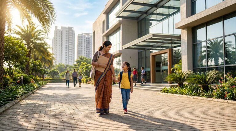 Indian mother and daughter walking to school during admissions season in Noida 2026