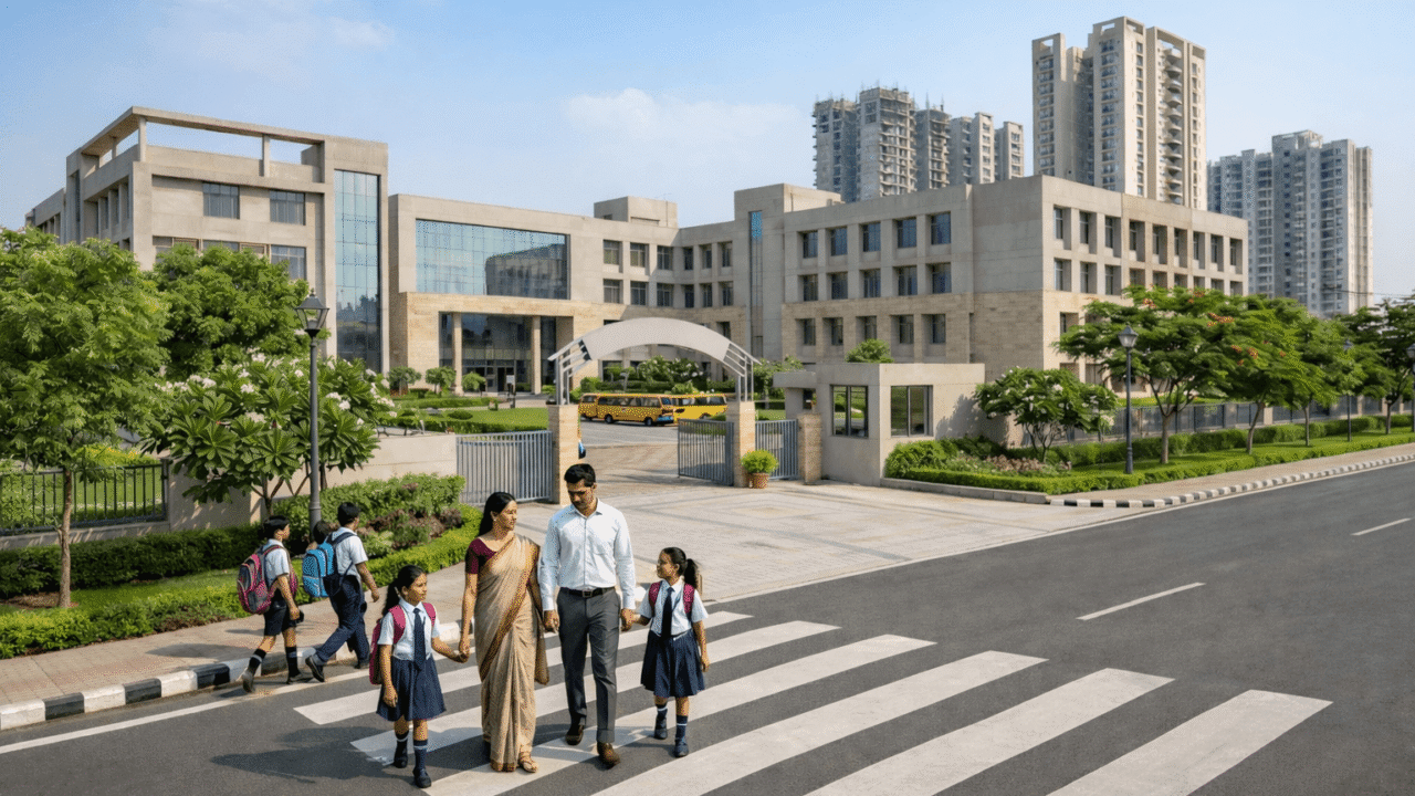 Modern school campus in Greater Noida West with parents and children crossing a zebra crossing