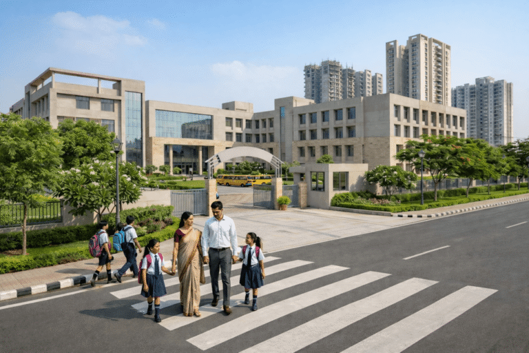 Modern school campus in Greater Noida West with parents and children crossing a zebra crossing