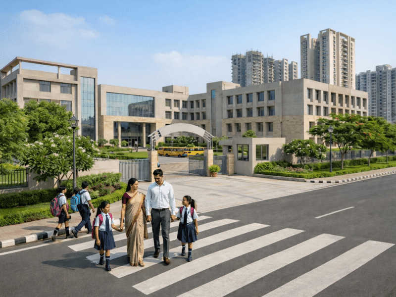 Modern school campus in Greater Noida West with parents and children crossing a zebra crossing