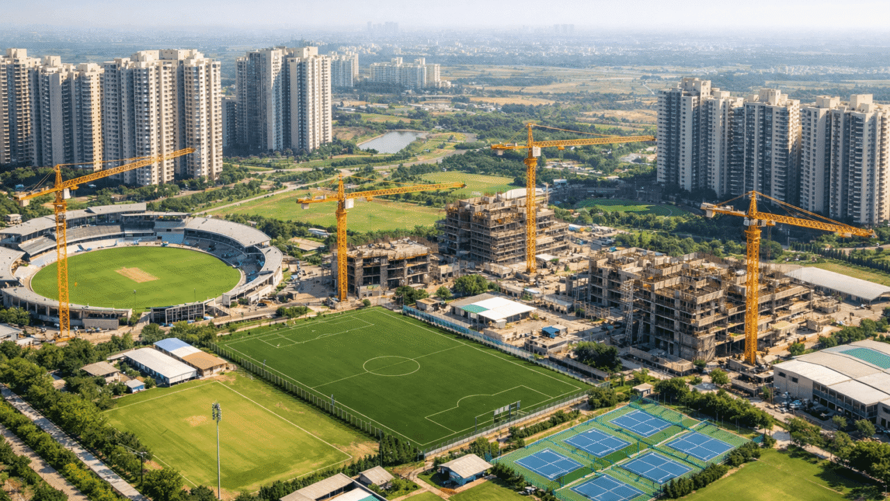 Aerial view of construction cranes restarting work on the sports infrastructure and residential towers in Sector 150 Sports City, Noida.