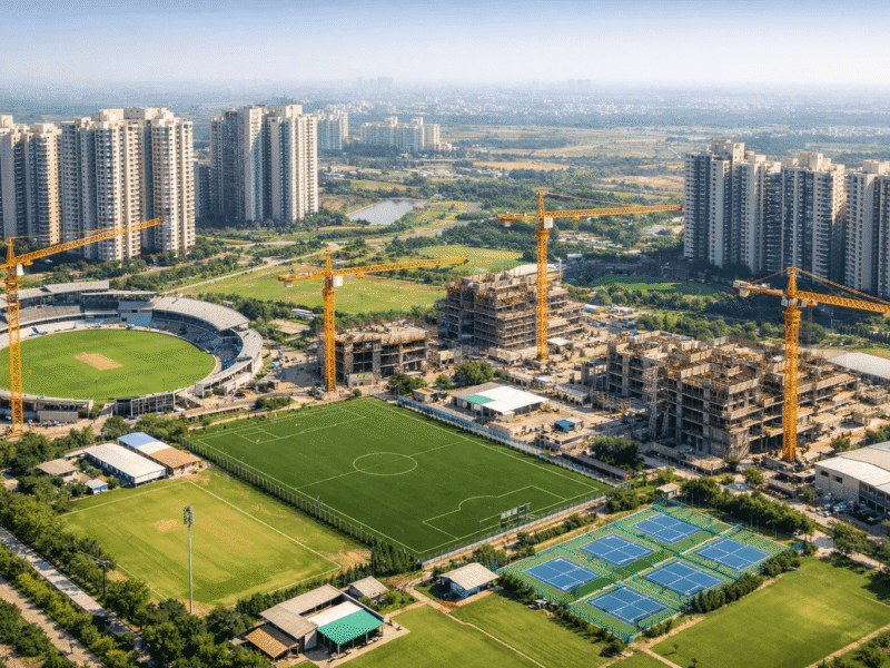 Aerial view of construction cranes restarting work on the sports infrastructure and residential towers in Sector 150 Sports City, Noida.