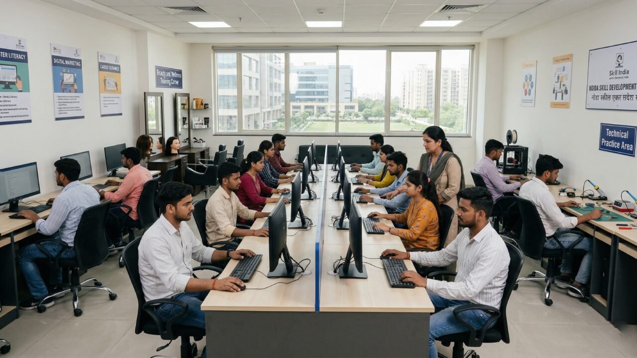 Students attending a skill development class in a modern training center in Noida