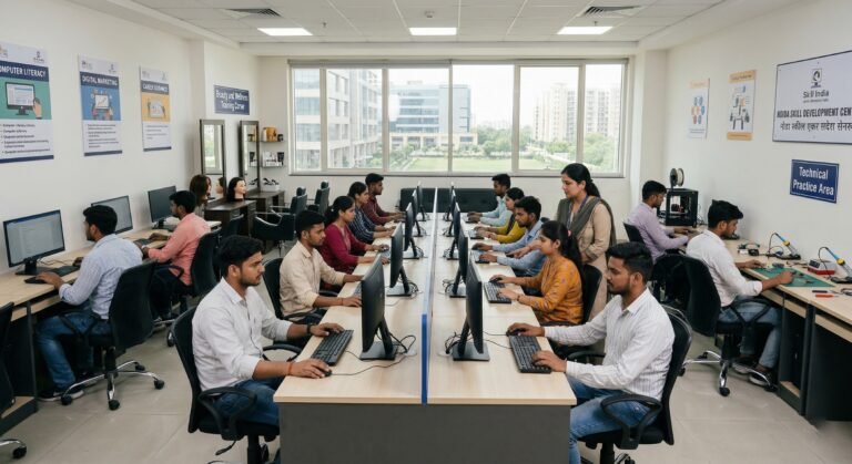 Students attending a skill development class in a modern training center in Noida