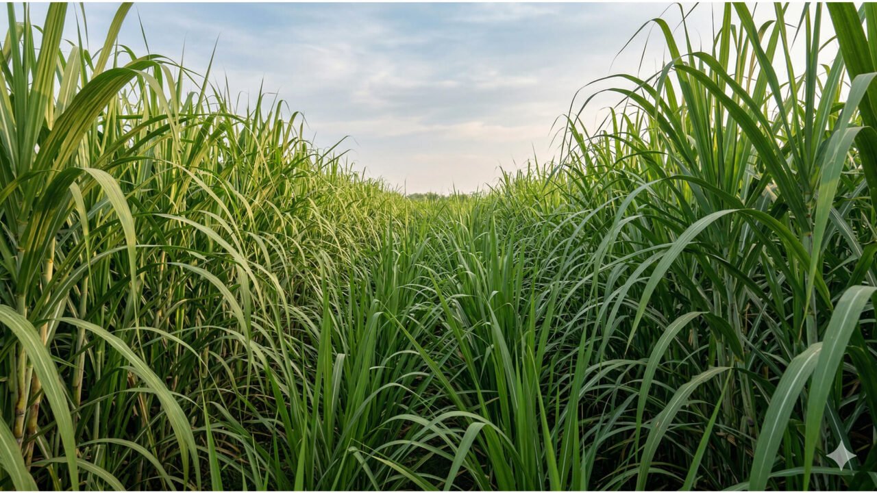 Lush green sugarcane field in Uttar Pradesh used for ethanol production