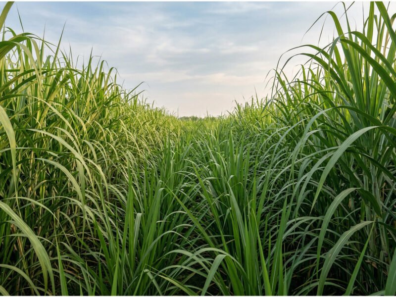 Lush green sugarcane field in Uttar Pradesh used for ethanol production