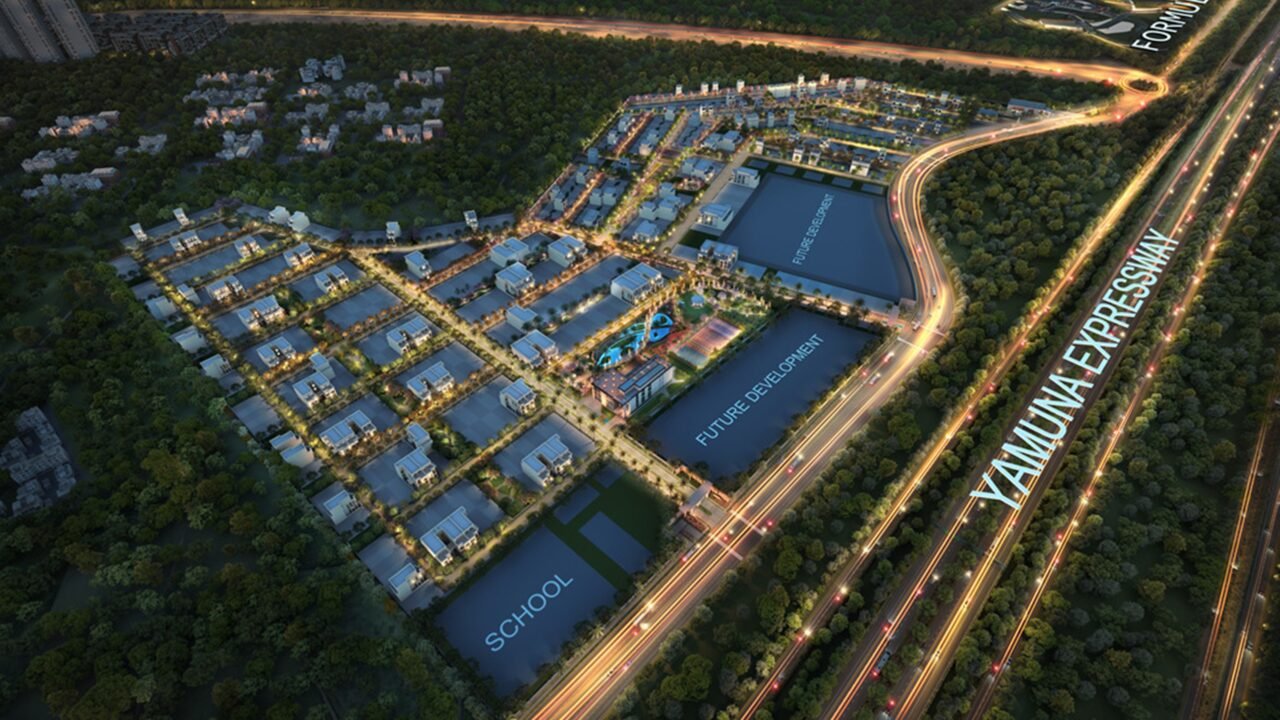 Aerial view of a township development near Buddh International Circuit along the Yamuna Expressway in Greater Noida.