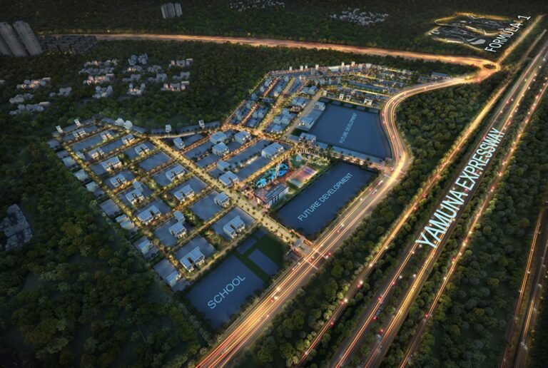 Aerial view of a township development near Buddh International Circuit along the Yamuna Expressway in Greater Noida.