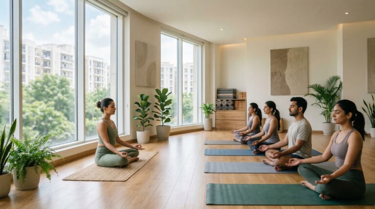Yoga instructor leading a seated meditation class at a modern wellness centre in Noida