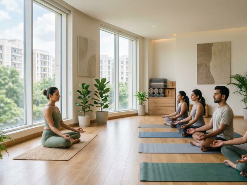 Yoga instructor leading a seated meditation class at a modern wellness centre in Noida