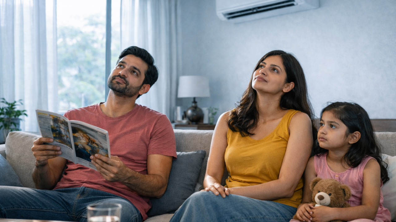 Indian family sitting in a living room and looking up at a wall-mounted AC that is not cooling properly