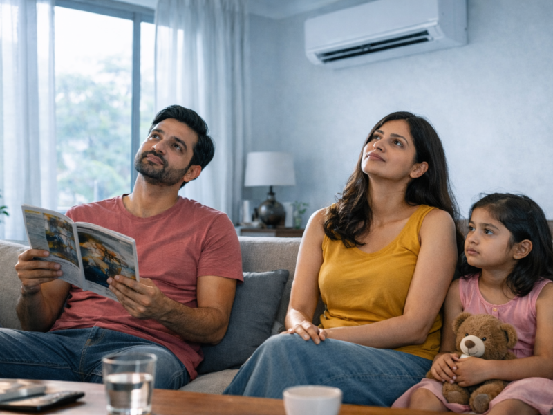 Indian family sitting in a living room and looking up at a wall-mounted AC that is not cooling properly