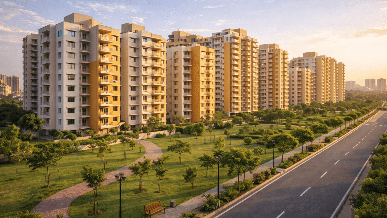 Modern affordable housing apartments in Greater Noida with landscaped park and wide road at sunset.