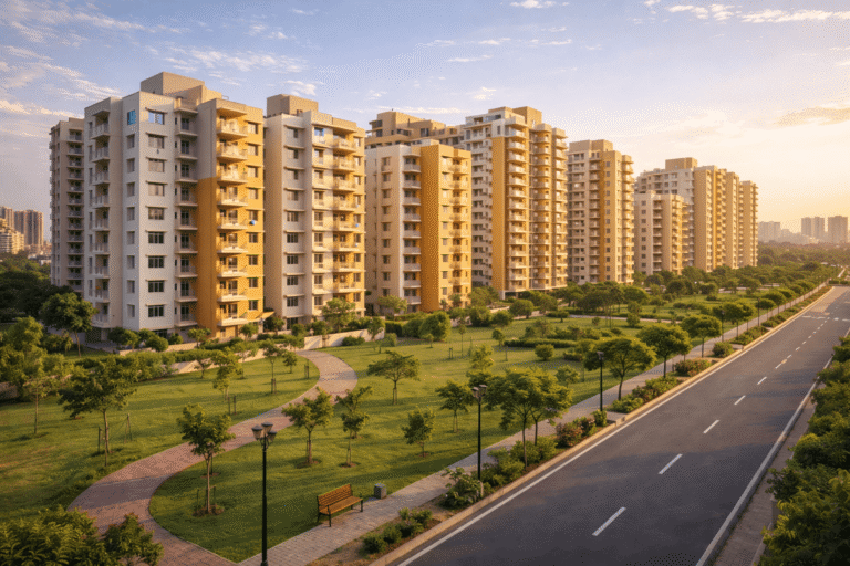 Modern affordable housing apartments in Greater Noida with landscaped park and wide road at sunset.