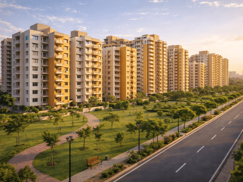 Modern affordable housing apartments in Greater Noida with landscaped park and wide road at sunset.