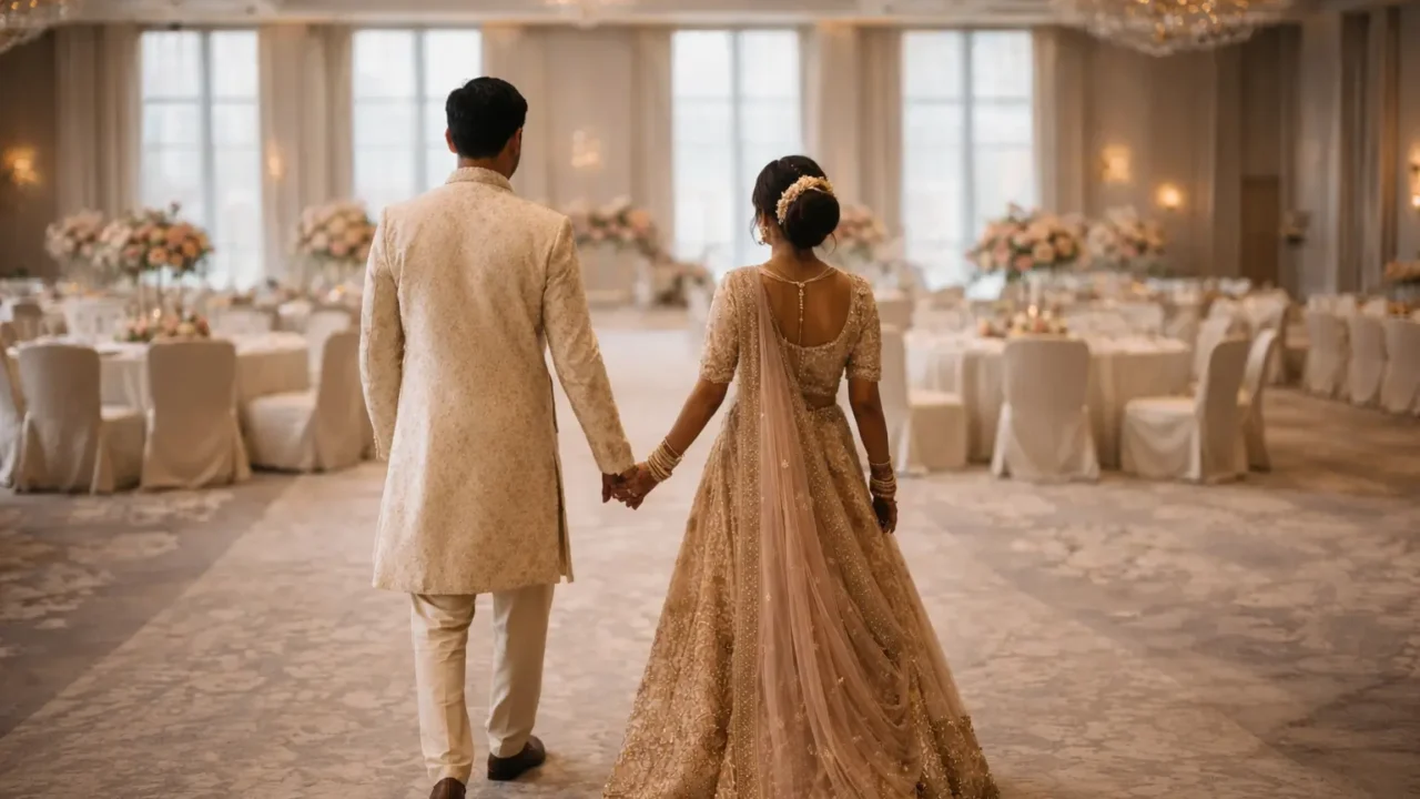 Indian couple walking into an elegant banquet hall for a wedding venue selection story in Noida