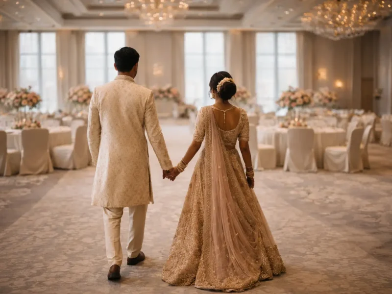 Indian couple walking into an elegant banquet hall for a wedding venue selection story in Noida