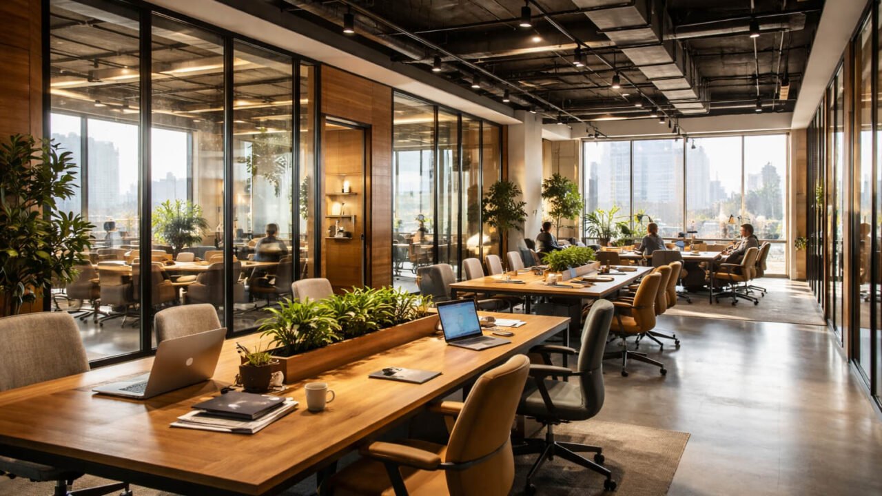AI-generated representational image of a modern coworking and managed office space in Noida with glass cabins, wooden workstations, and professionals at work
