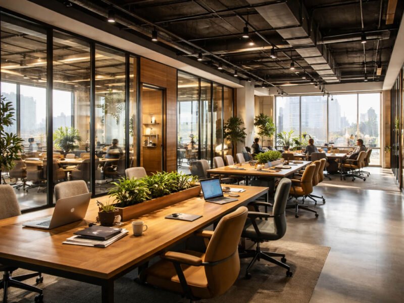 AI-generated representational image of a modern coworking and managed office space in Noida with glass cabins, wooden workstations, and professionals at work