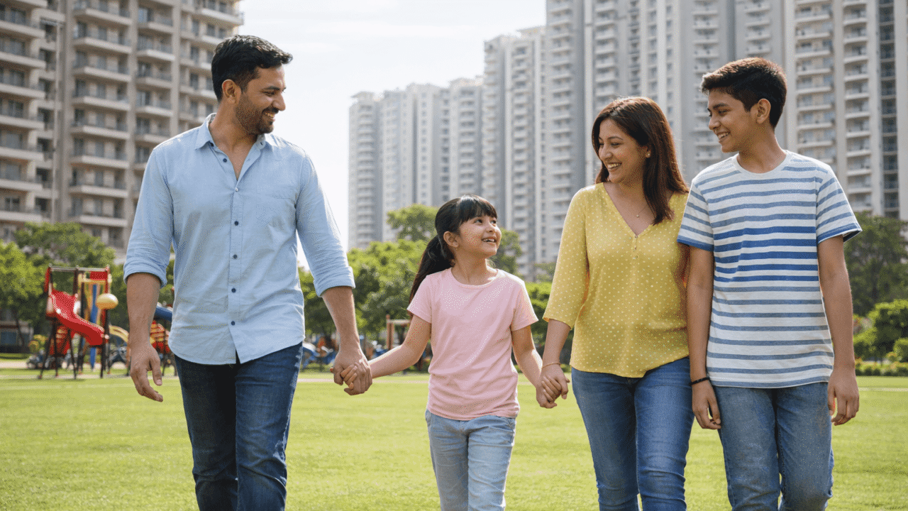 Family walking in a green park in a modern residential sector of Noida with apartment towers in the background