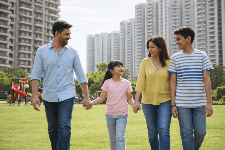 Family walking in a green park in a modern residential sector of Noida with apartment towers in the background