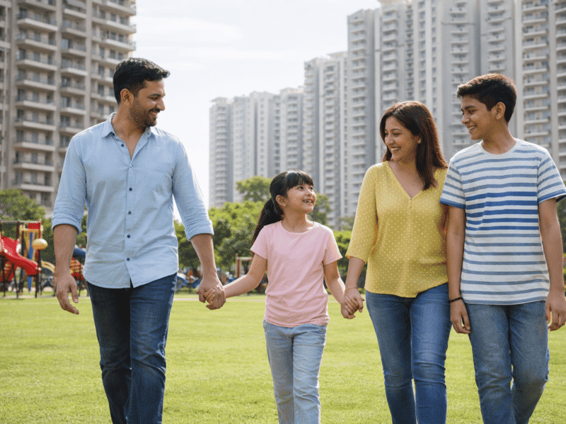 Family walking in a green park in a modern residential sector of Noida with apartment towers in the background