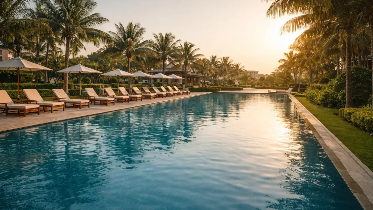 Representational image of a luxury resort swimming pool for a staycation near Noida.