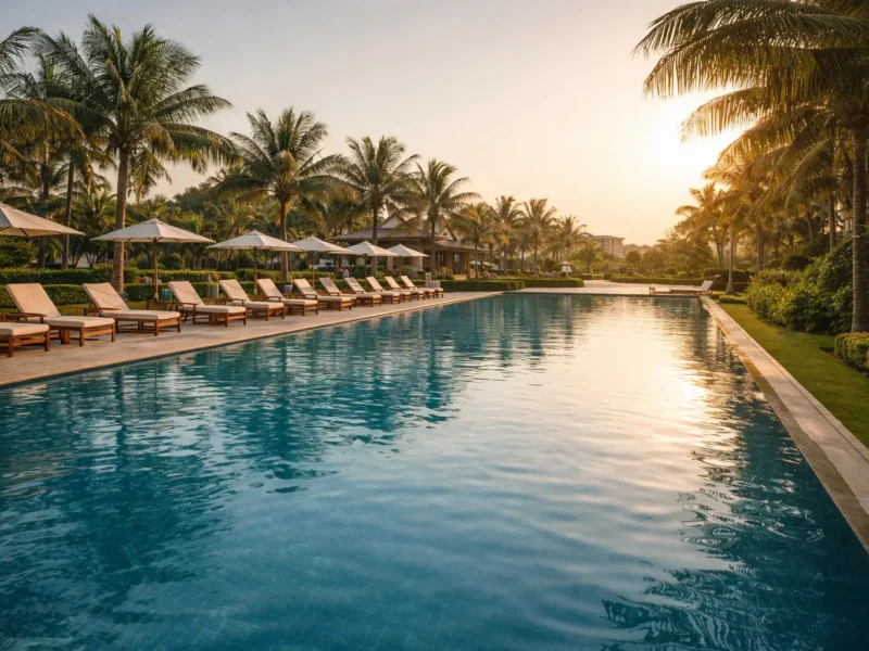 Representational image of a luxury resort swimming pool for a staycation near Noida.