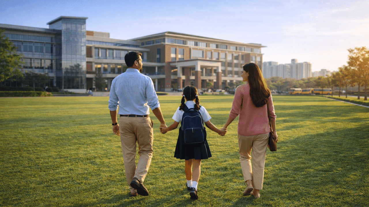 Indian family walking across a green lawn toward a modern international school campus in Noida.