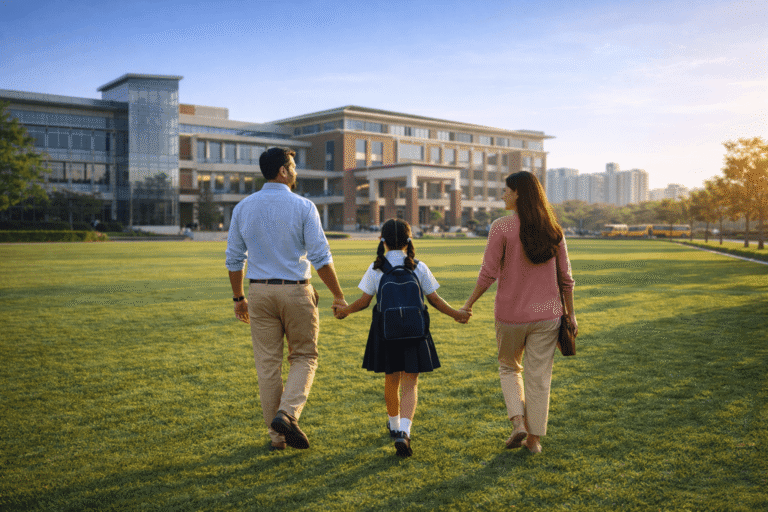 Indian family walking across a green lawn toward a modern international school campus in Noida.