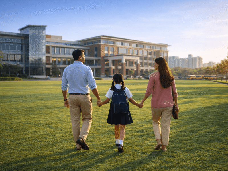 Indian family walking across a green lawn toward a modern international school campus in Noida.
