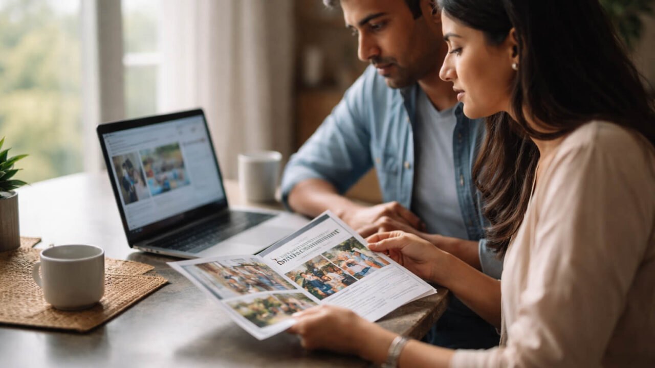 AI-generated representational image of parents reviewing a school brochure and laptop while researching CBSE school admissions in Noida