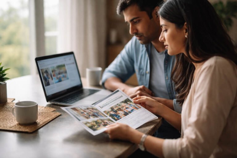 AI-generated representational image of parents reviewing a school brochure and laptop while researching CBSE school admissions in Noida