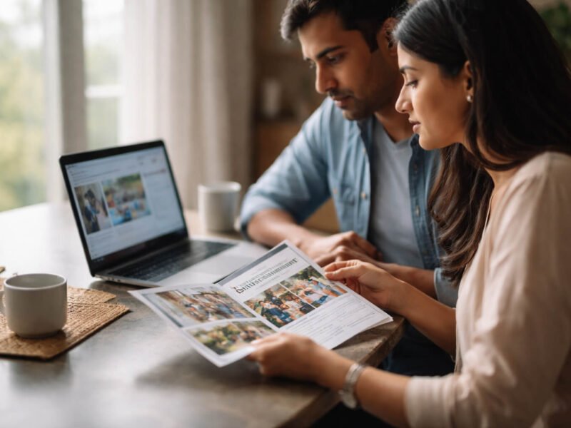 AI-generated representational image of parents reviewing a school brochure and laptop while researching CBSE school admissions in Noida
