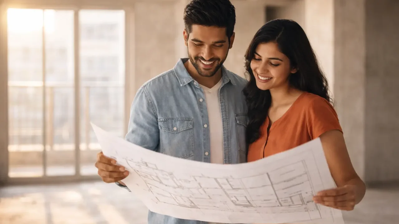 Young couple reviewing a floor plan inside a newly constructed apartment in Noida Extension before starting interior design work