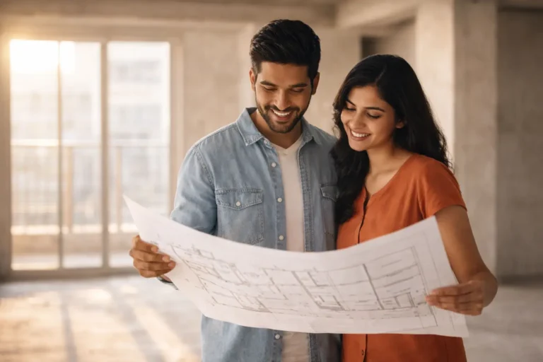 Young couple reviewing a floor plan inside a newly constructed apartment in Noida Extension before starting interior design work