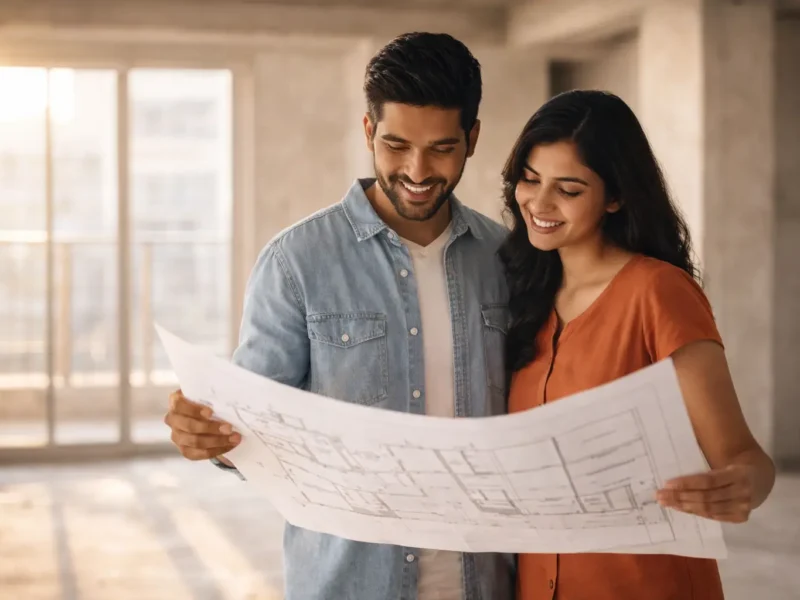 Young couple reviewing a floor plan inside a newly constructed apartment in Noida Extension before starting interior design work