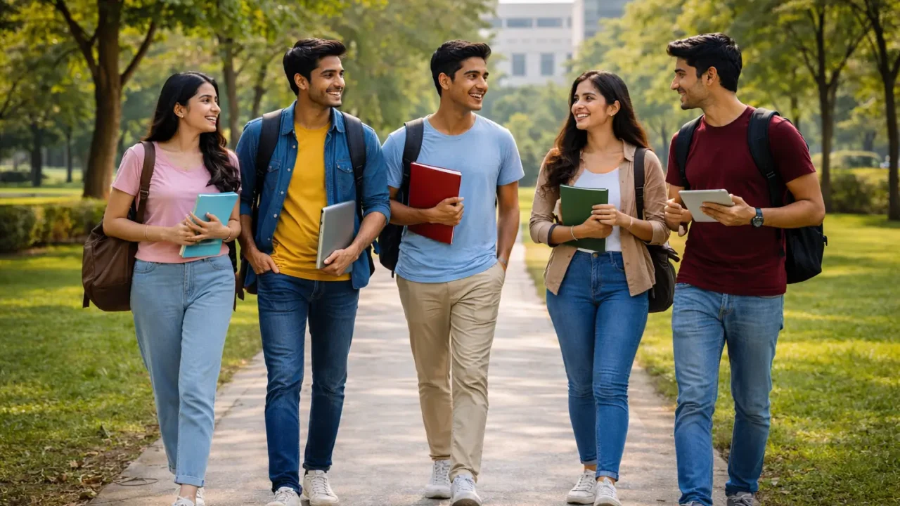 Representational image of Indian college students walking on a modern campus for Metro University Greater Noida story
