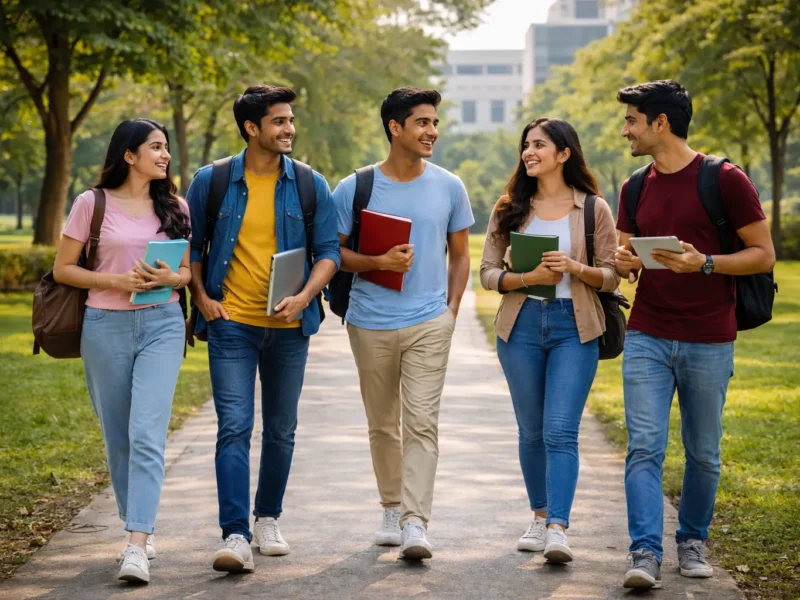 Representational image of Indian college students walking on a modern campus for Metro University Greater Noida story