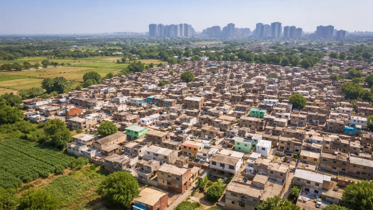 Aerial view of dense village housing in Noida linked to revised building rules and easier map approvals for 81 villages