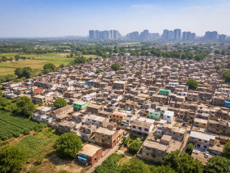 Aerial view of dense village housing in Noida linked to revised building rules and easier map approvals for 81 villages