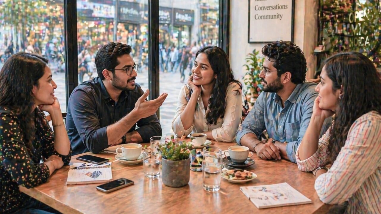 Young professionals in Noida having a casual conversation at a cafe meetup