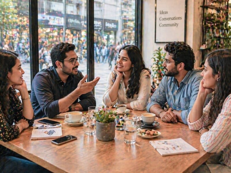 Young professionals in Noida having a casual conversation at a cafe meetup